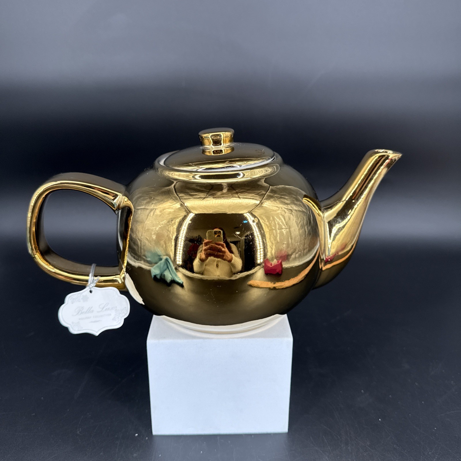 Bella Lux Holiday Collection Gold Ceramic Teapot Decor Christmas Display NWT gallery