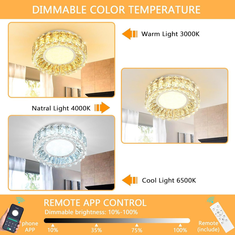 Dimmable 12" Crystal LED Chandelier Flush Mount Light for Bedroom & Hallway gallery