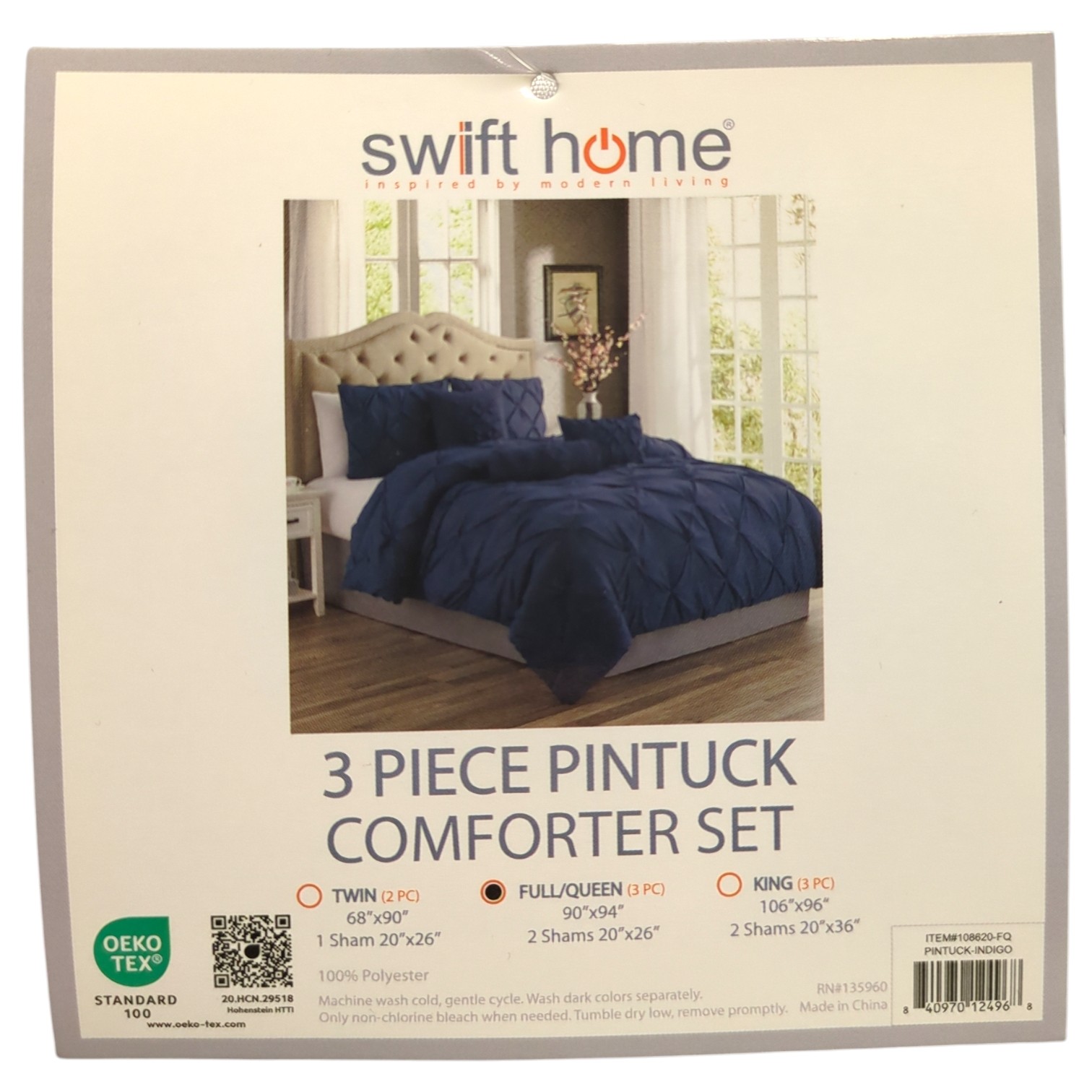 Swift Home 3-Piece Pintuck Comforter & Sham Set, Full/Queen, Indigo gallery