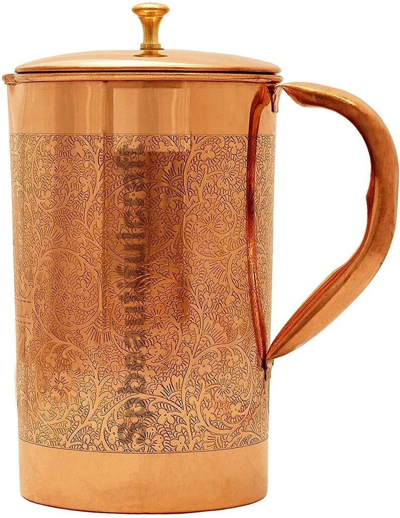 Pure Copper Water Pitcher Jug Etching Embosed 1500ml Drinking Tumbler Cup 300ml gallery