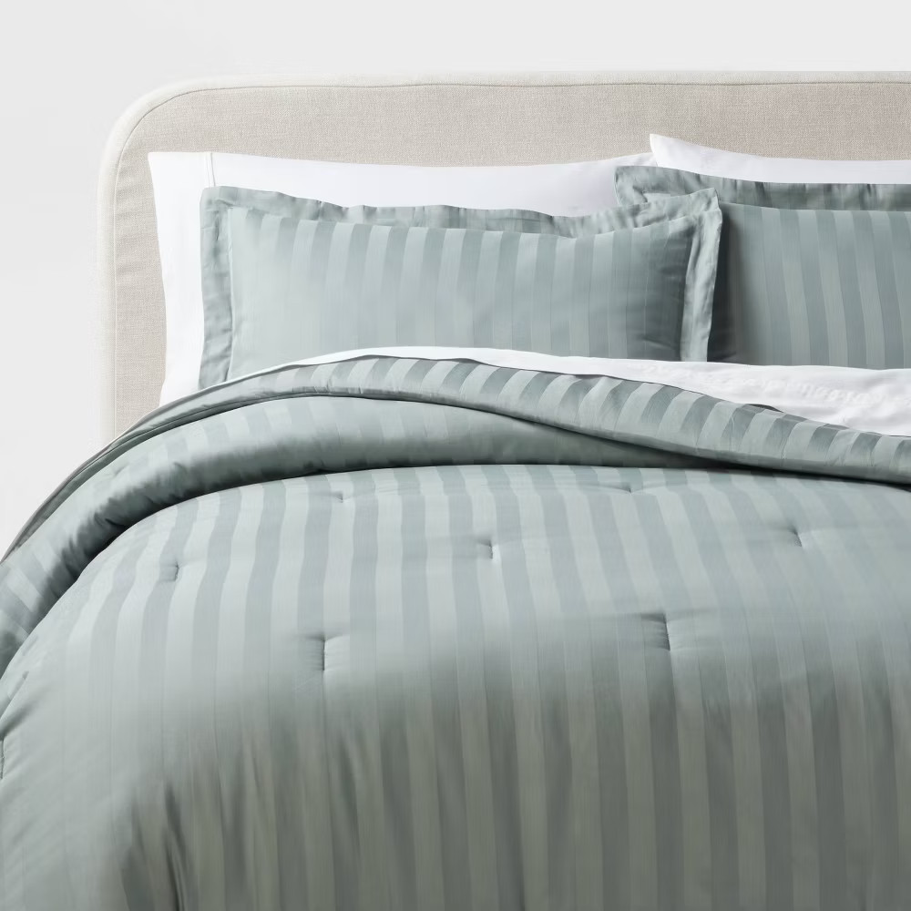 Threshold Cotton Damask Comforter Set Luxe Year-Round Fabric, Teal Green, King gallery