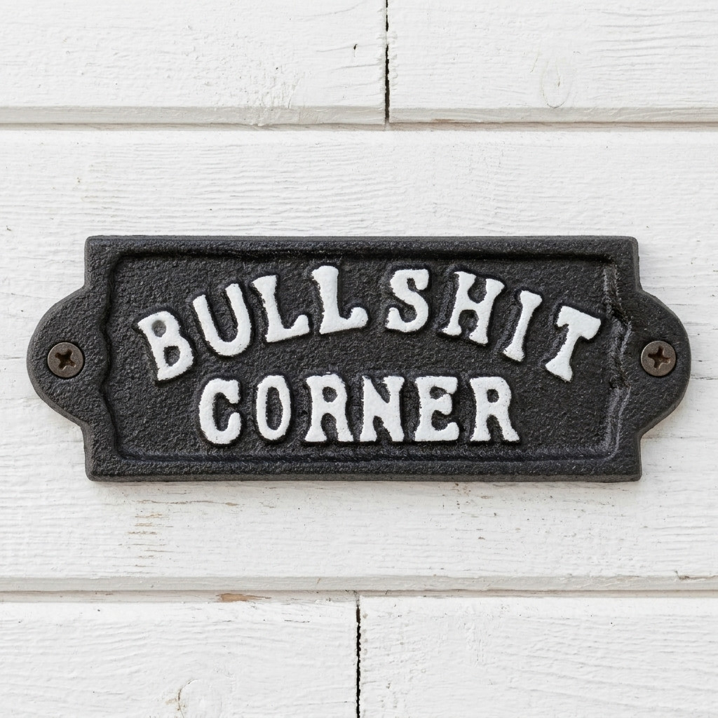 Cast Iron Bullshit Corner Sign Man Cave Wall Decor Plaque Embossed Black & White gallery