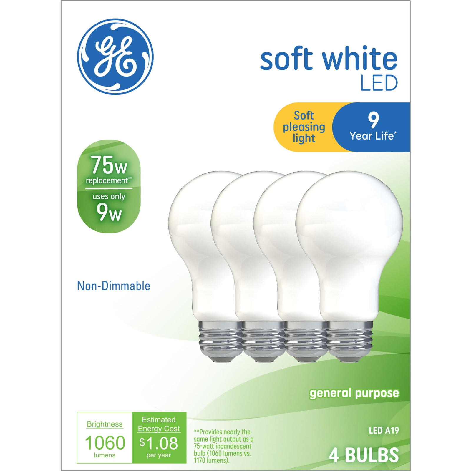 Light Bulbs, 75 Watt, Soft White, A19 Bulbs, Medium Base, Frosted Finish,9yr,4pk gallery
