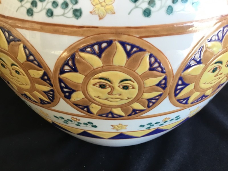 Medium Smiling Sun Face Planter Decorative Flower Pot Blue Yellow White #2 gallery