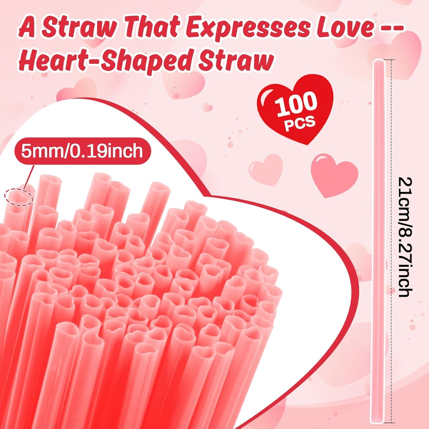 100PCS Valentines Day Heart Straws - Heart Shaped Pink Straws Plastic Disposable gallery