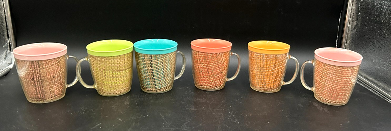 6 Vintage Thermo-Temp Raffiaware Burlap Acrylic Coffee Handled Mugs Cups 3 1/4" gallery