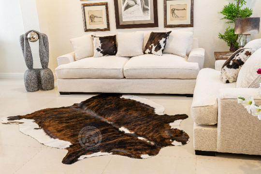 Real Cowhide Rug Brindle White Backbone Tricolor - Size 6 x 6-7’ gallery