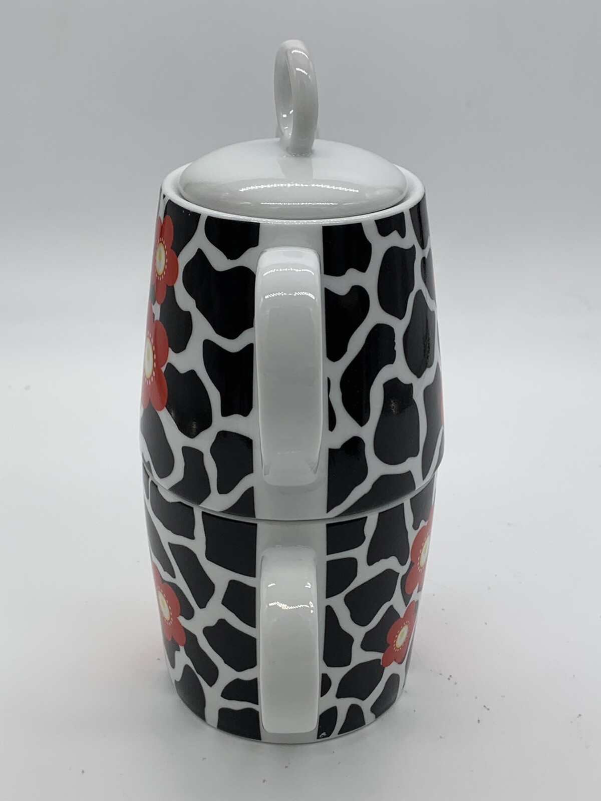 Tea For One Ceramic Teapot/Cup Black & White w/ Red Flowers by Formation Brands gallery