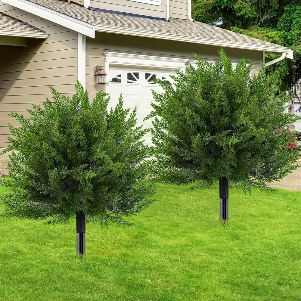 2Pcs 24" Artificial Cedar Topiary Ball Trees Out/Indoor UV Resistant Faux Plants