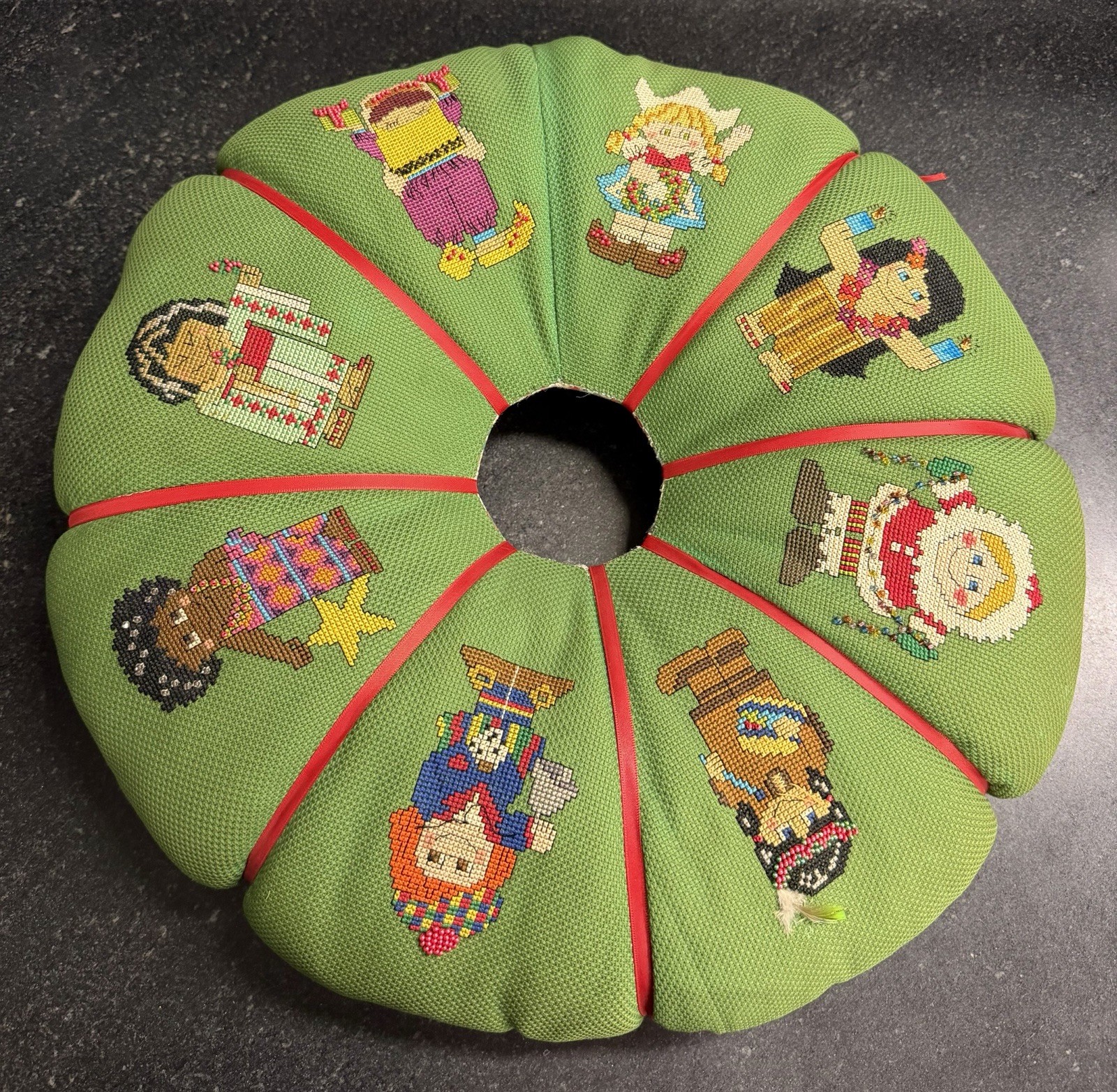 Vtg Handmade Christmas Needlepoint Pillow 18” Folk Art Beaded Holiday Characters gallery