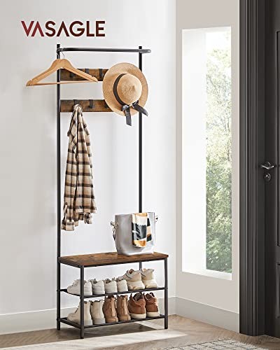 Hall Tree with Bench and Shoe Storage, Entryway 25.2"W Rustic Brown + Black gallery