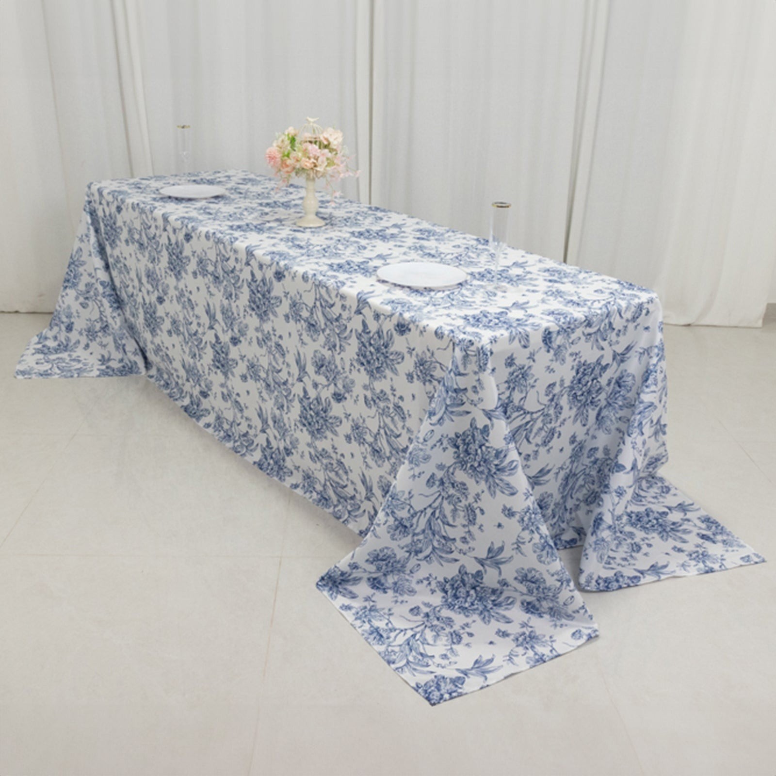 90" x 156" Blue French Toile Pattern Polyester Rectangular Tablecloth gallery