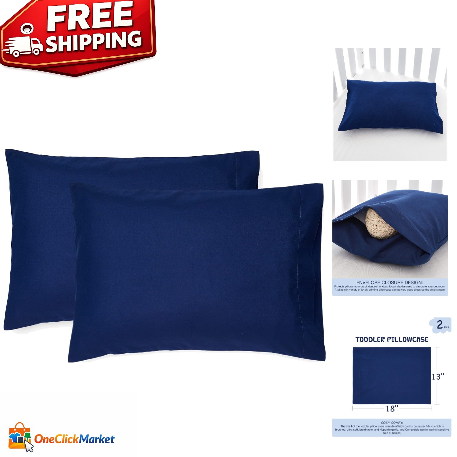 Machine Washable Toddler Pillowcases 13x18 - 2-Pack Navy with Envelope Closure gallery