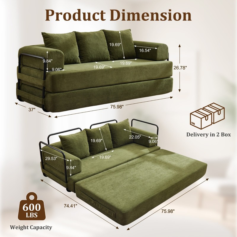Chenille Convertible Sleeper Sofa Bed with Removable Pillows for Living Room gallery