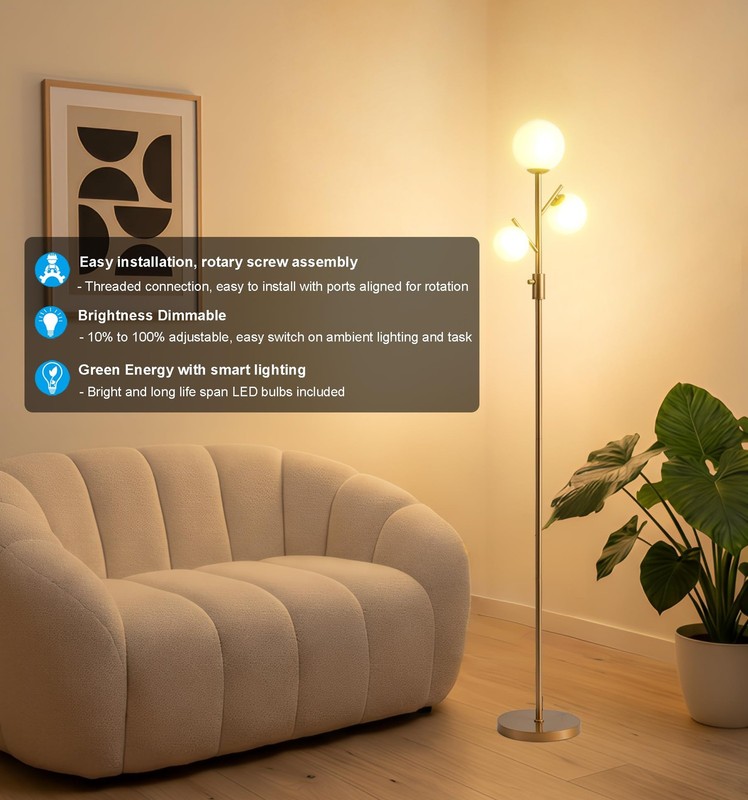 Floor Lamp 3 Globe Dimmable LED Mid Century Modern Gold Fiqevs Tree Standing gallery