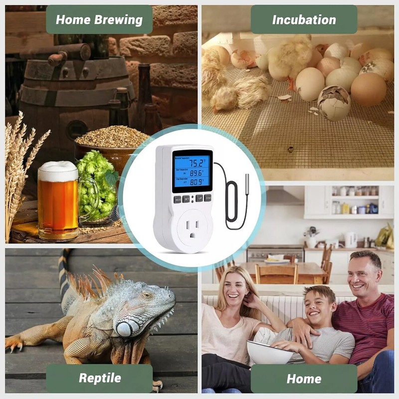 Digital Thermostat Outlet Plug Temperature Controller Heating Cooling w/ ProbejG gallery