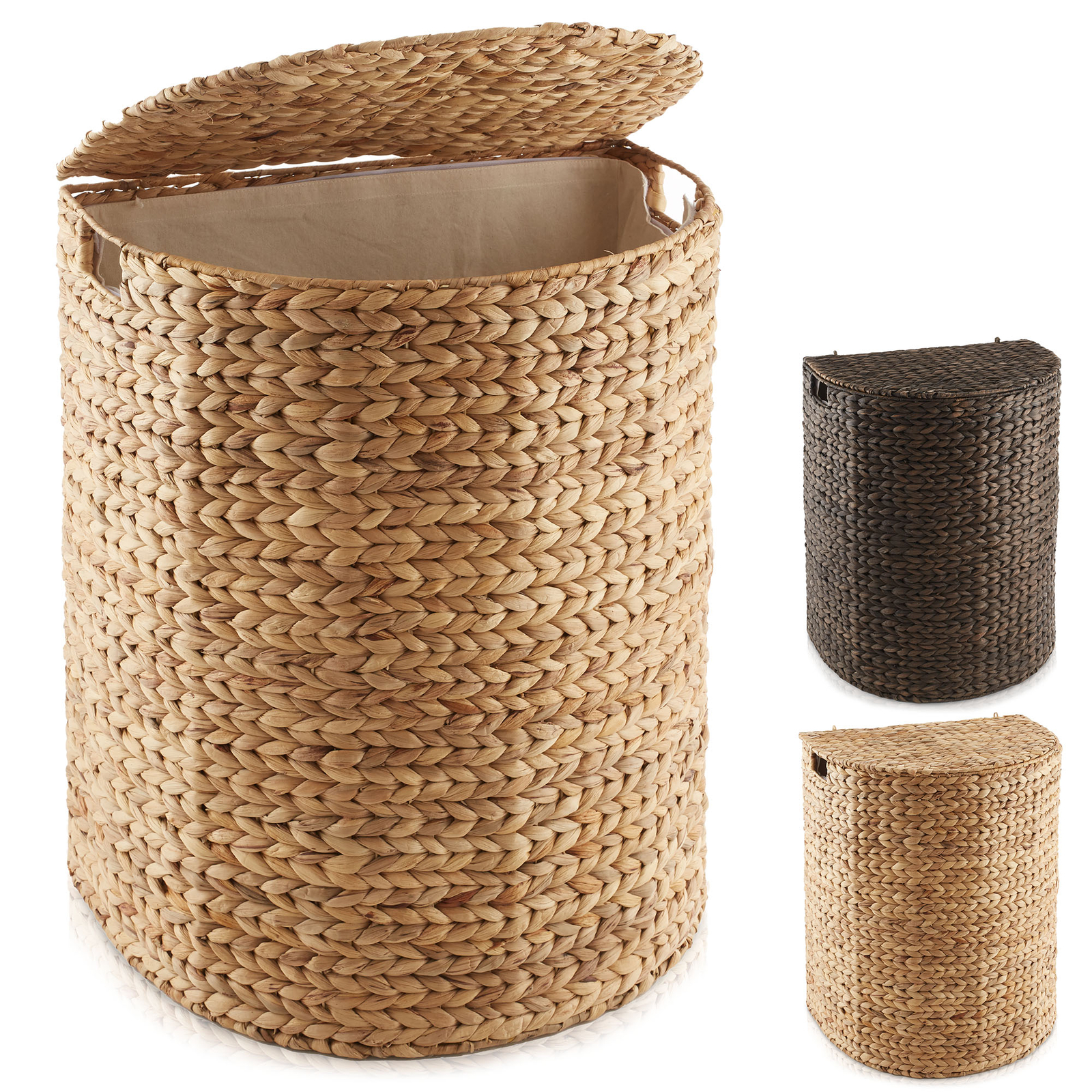 Half Moon Laundry Hamper Clothes Basket with Lid & Liner, Woven Hyacinth Wicker gallery