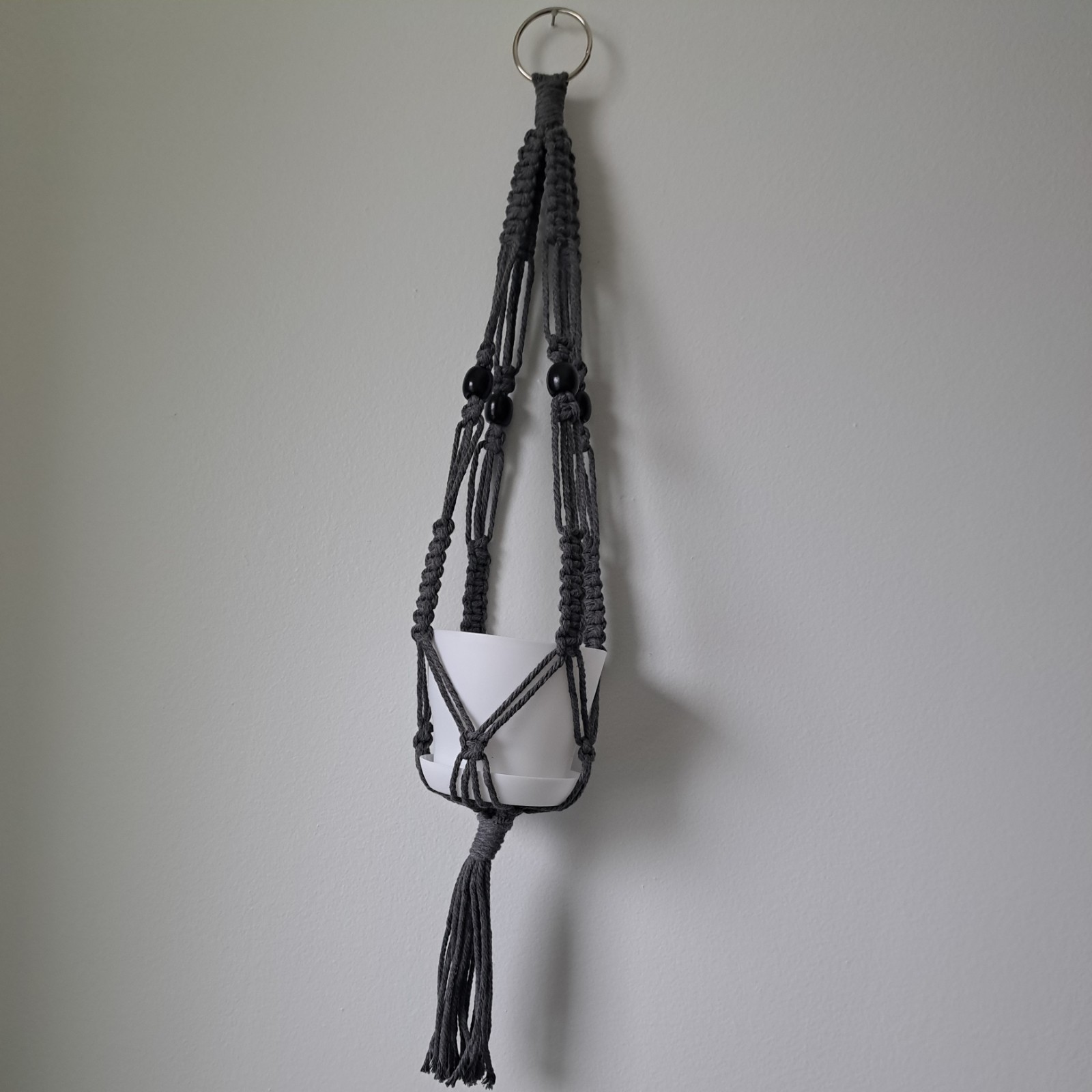 Macrame Plant Hanger, Dark Gray 23", Metal Cotton Wood Beads Handmade gallery