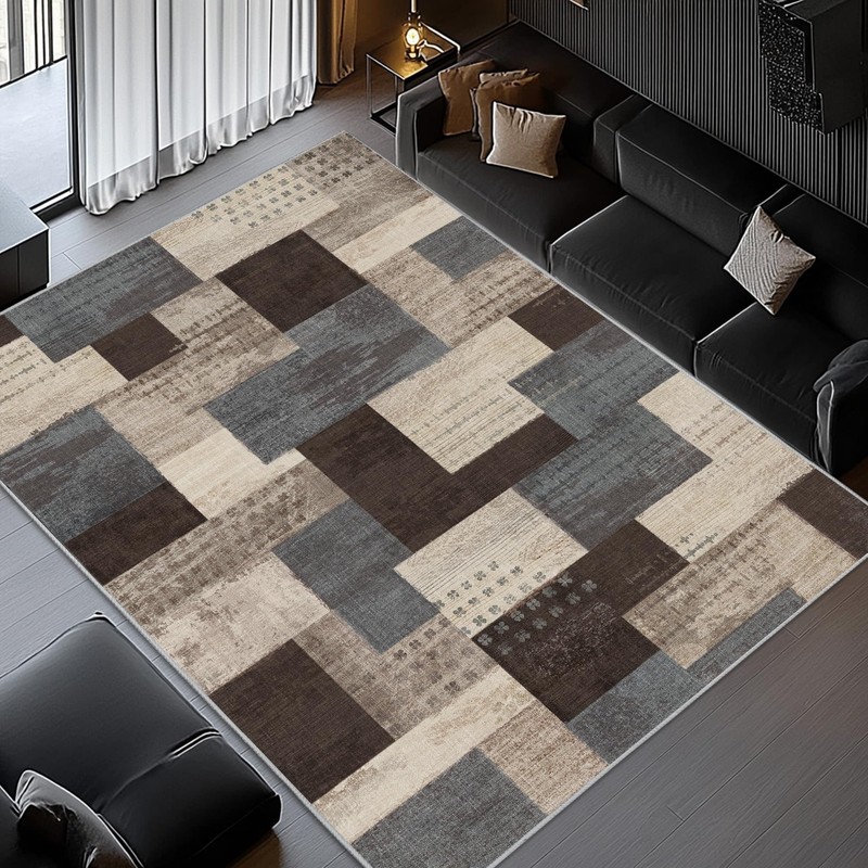 Qduidu Modern Geometric Patchwork Indoor Area Rug For Living Room Blue-Taupe 4X gallery