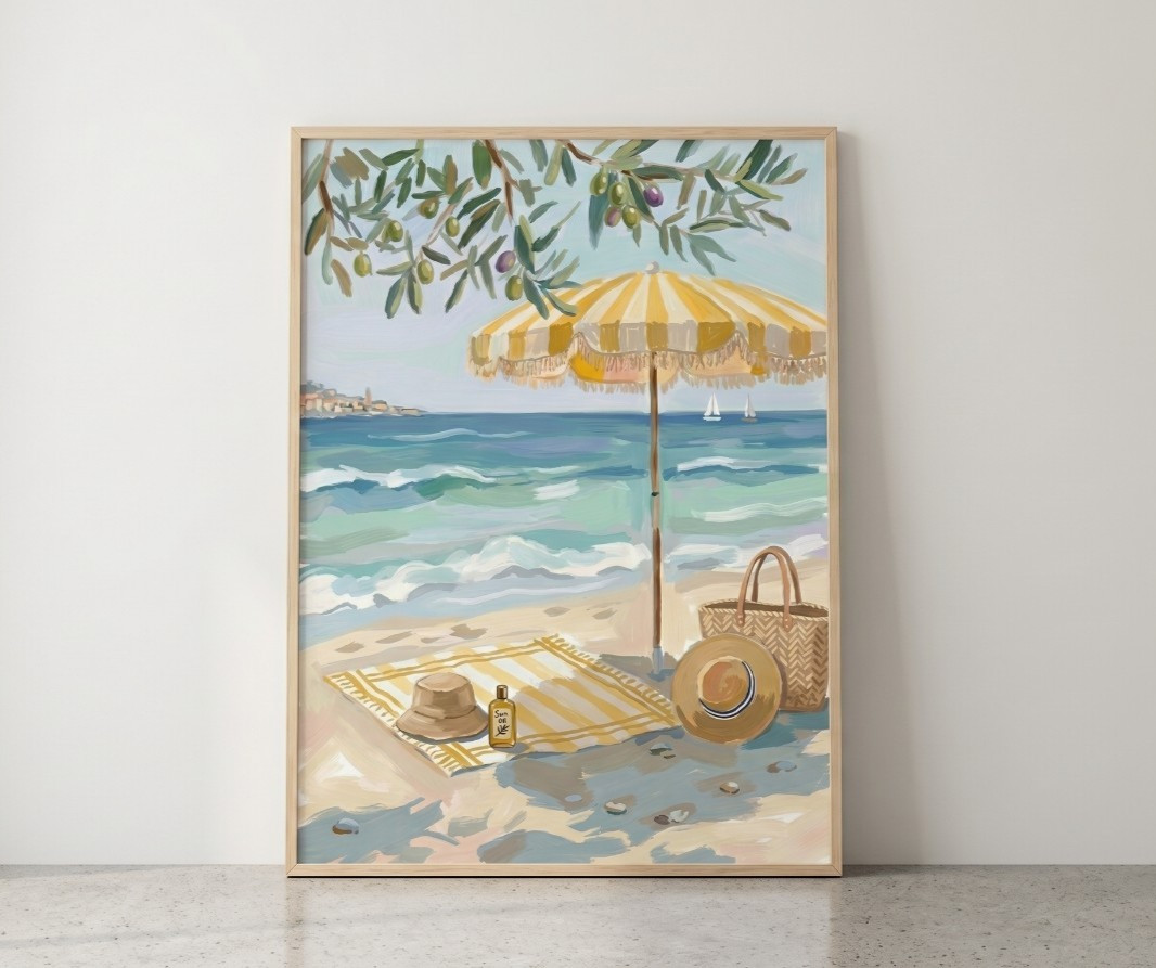 Mediterranean Beach Poster Yellow Umbrella Wall Art European Summer Canvas Print gallery