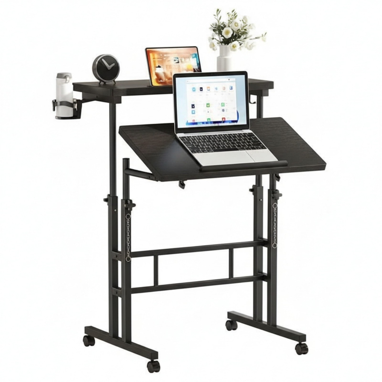 Dual Desktop Height Adjust Rolling Desk w/Cup Holder&Hook,Stand Computer Table gallery