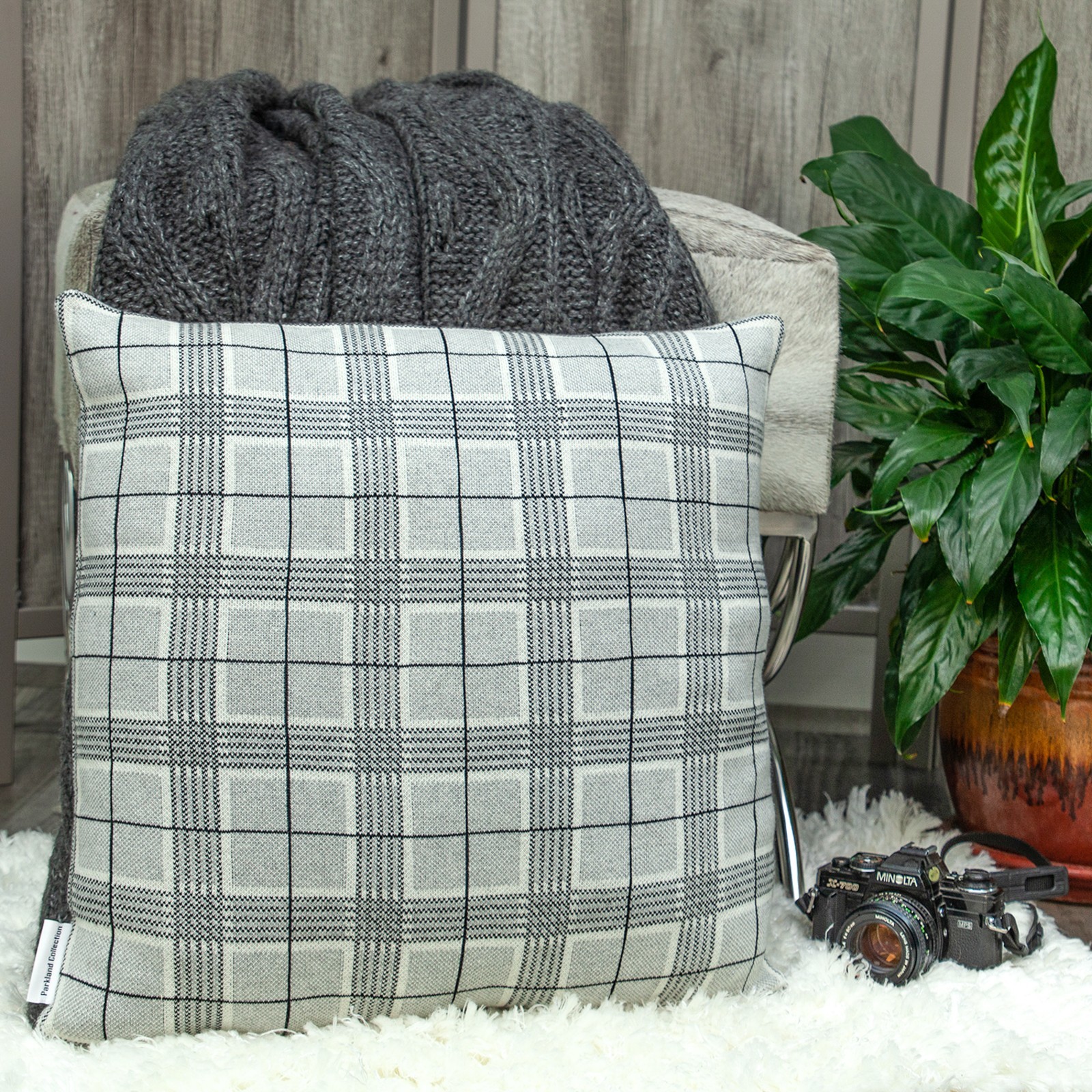 Parkland Collection Quincy Cotton Throw Pillow, 20" x 20", Gray/Black Plaid gallery