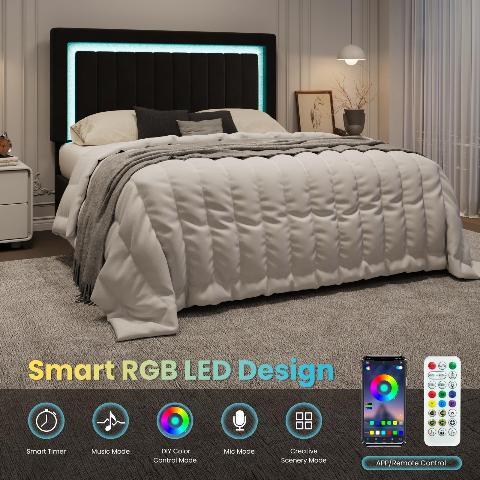 Sha Cerlin Queen Velvet Bed Frame LED Light Tufted Headboard Black gallery