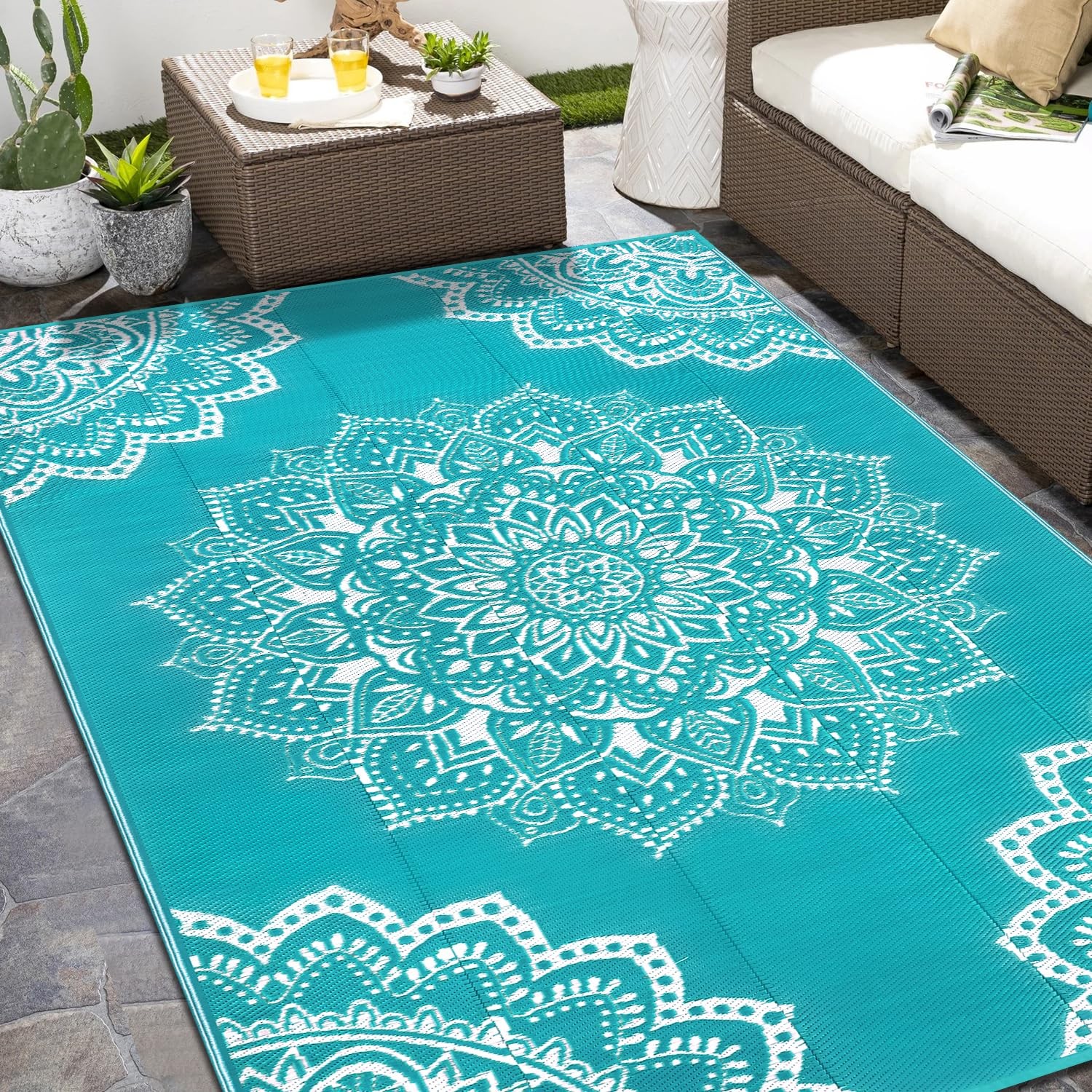 Yamaziot Waterproof Outdoor Rug 6x9 ft, Reversible Plastic Straw 6' x9', Blue gallery