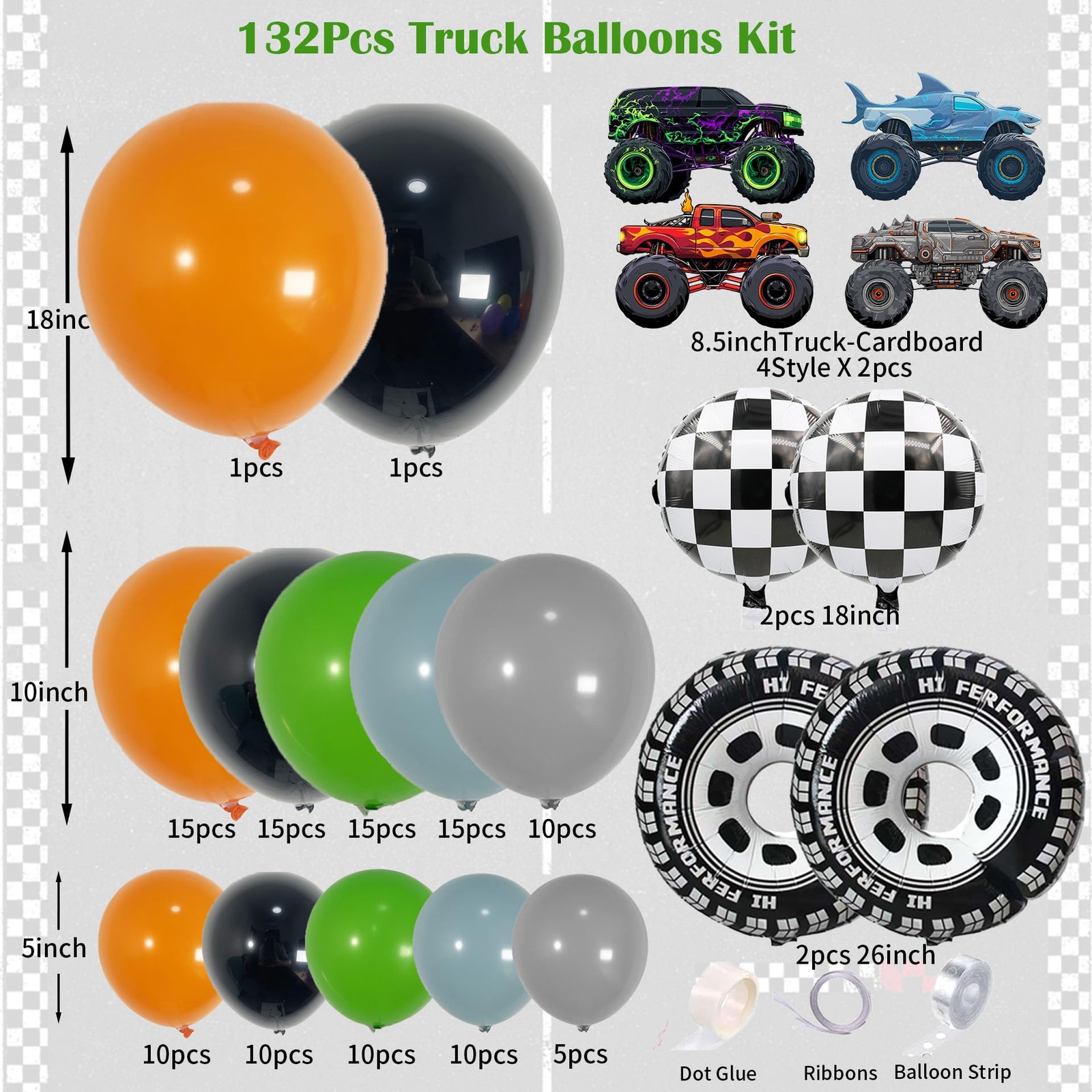 132PCS Monster Truck Decorations for Boys – Blue Gray Orange Green Balloon Ar... gallery