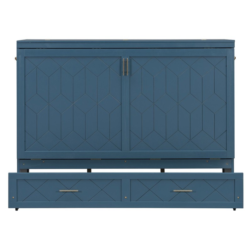 Queen Murphy Bed Wall Cabinet w/ Socket USB Ports & Drawer, Navy Blue gallery