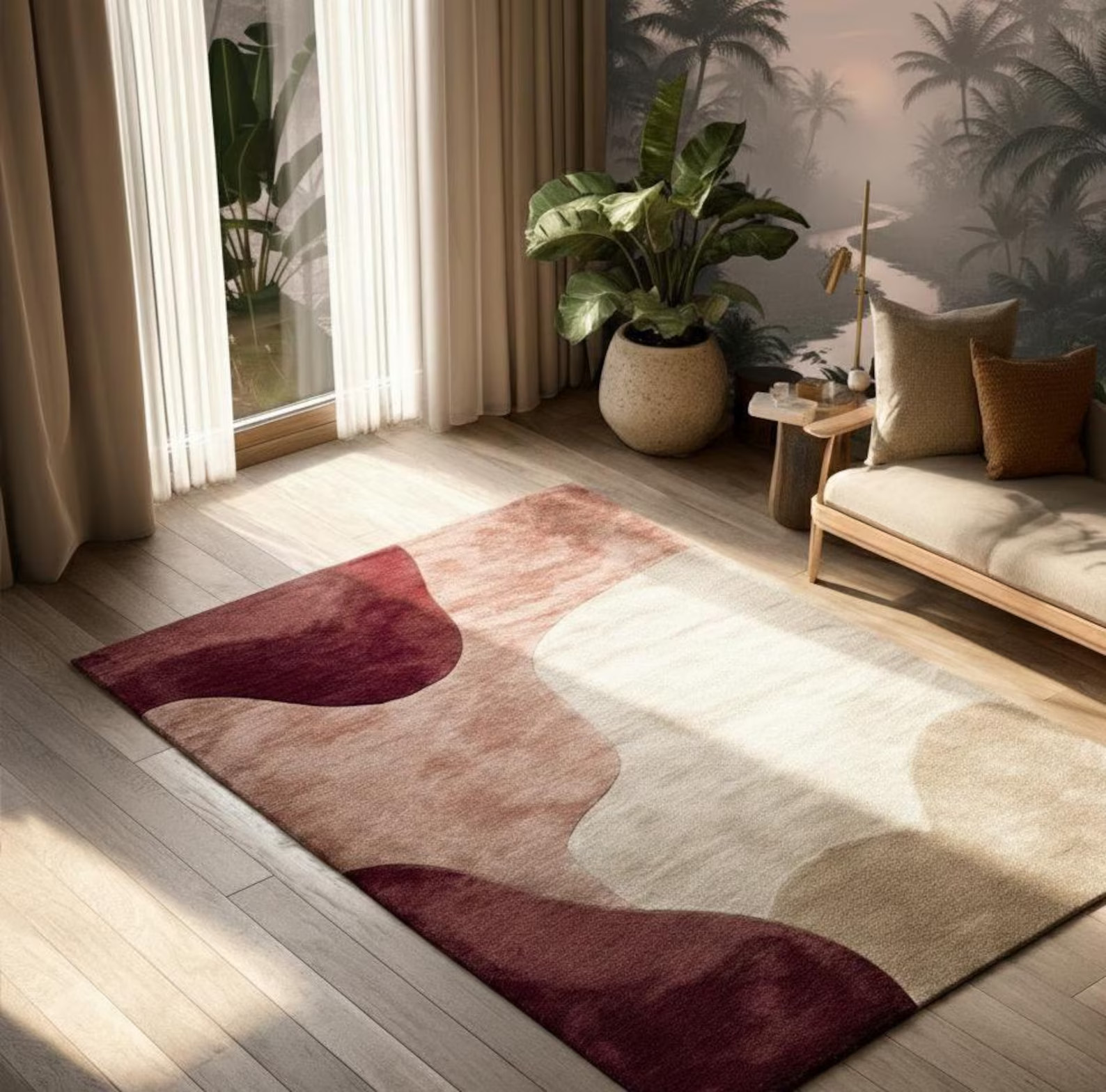 Hand-Tufted Wool Blend Rug Modern Abstract Wavy Design, 6x9 Burgundy Pink Cream gallery