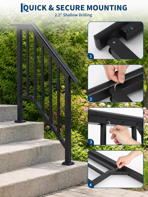 2/3/4 Steps Outdoor Handrails Adjustable Stair Handrail Railing with Balusters gallery
