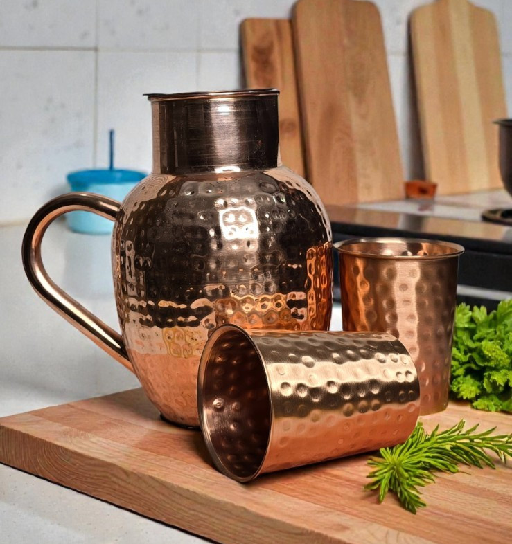 Pure Copper Water Pitcher Set 1.5L with 2 Tumblers Ayurvedic Drinkware gallery
