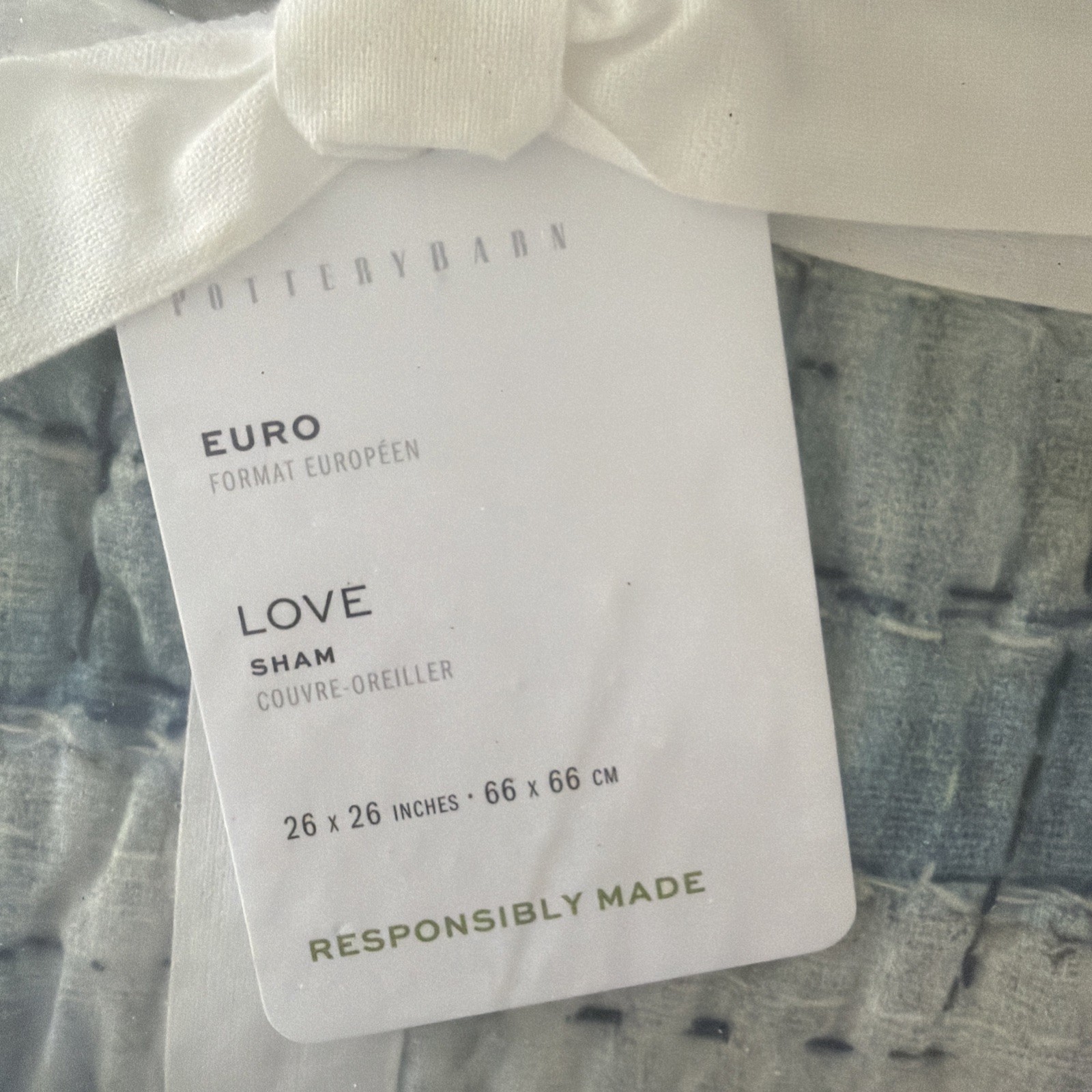 POTTERY BARN LOVE REVERSIBLE HANDCRAFTED QUILTED PILLOW SHAM, EURO ~ BLUE New gallery