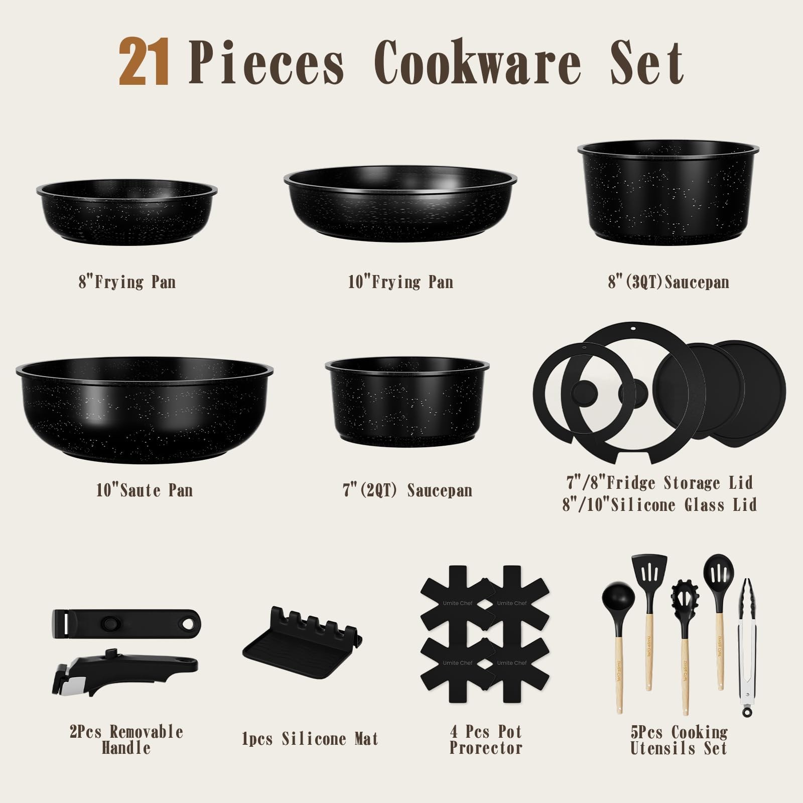 Cookware Set 21Pcs Nonstick Detachable Handle Induction Dishwasher Safe Black gallery