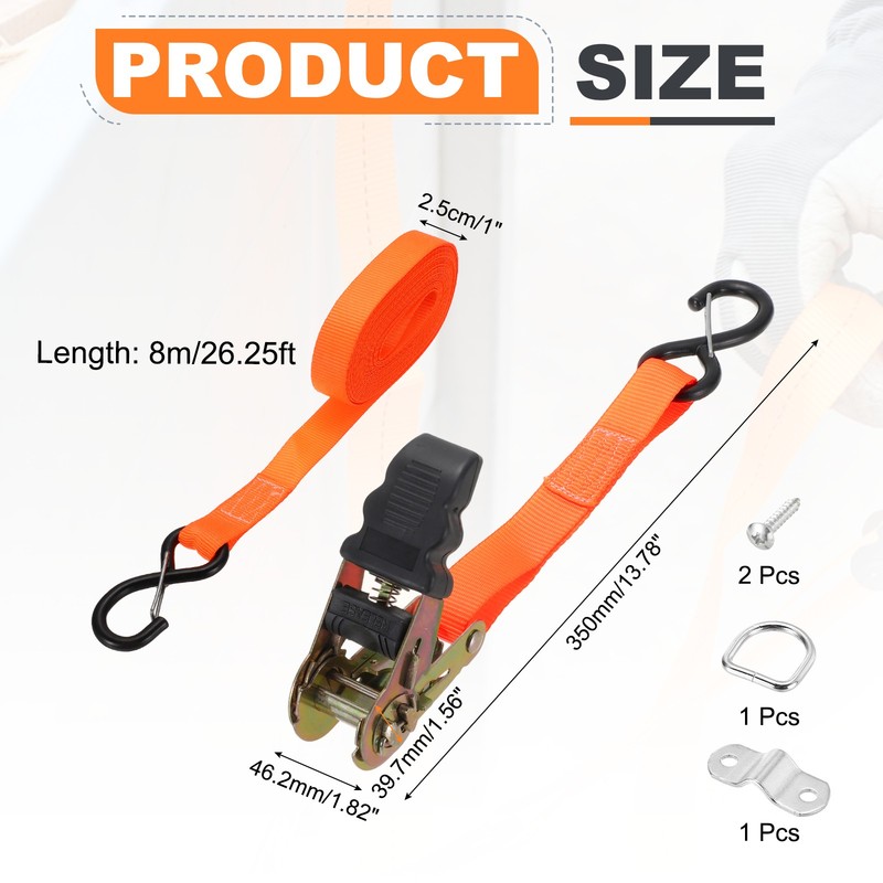 Ratchet Straps, 1663lbs Break Strength, 26.25ft x 1in Tie Down Strap Set, Orange gallery