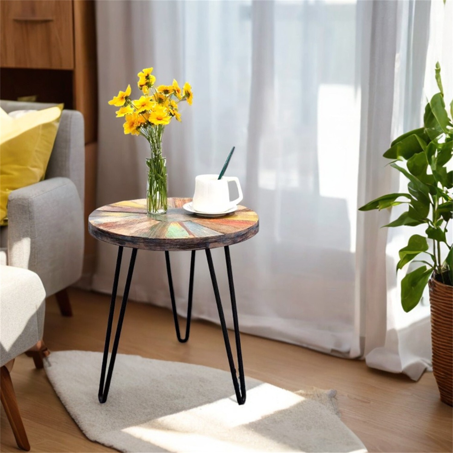 Greenage Solid Reclaimed Wood Side End Table Nightstand Round Sun Flower 20" H gallery