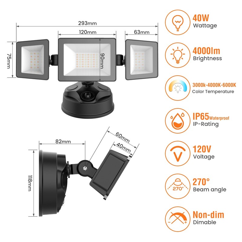 4000lm LED 3 Head Security Outdoor Light Dusk to Down 3CCT IP65 Sensor Lamp gallery