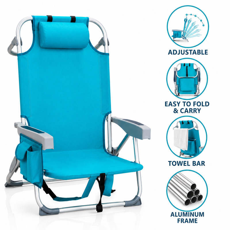Folding Beach Chair Adjustable Aluminum Reclining Lounge Chair w/ Towel Bar gallery