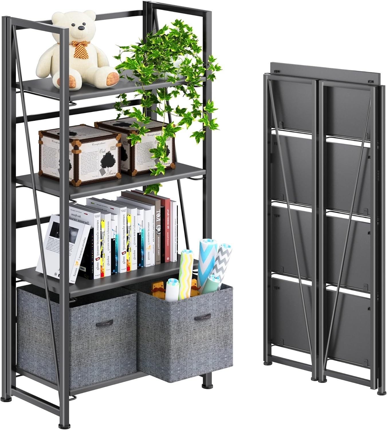No Assembly Folding Bookshelf Storage Shelves 4 Tier Bookcase Standing Rack gallery