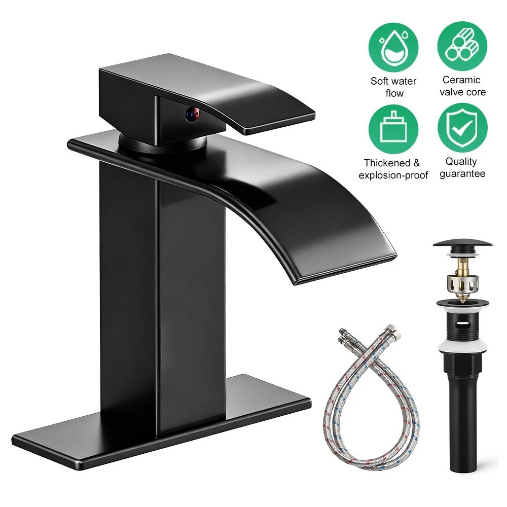 Black Matte Bathroom Sink Faucet Single Handle Waterfall Vessel Mixer Taps gallery