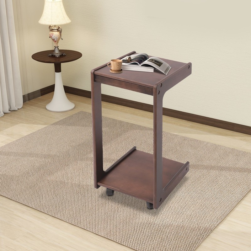 2-Tierd Solid Wood Bedside C-Shaped Side Table w/ Drawer & Lockable Wheels gallery