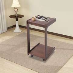 2-tierd Solid Wood Bedside C-shaped Side Table W/ Drawer & Lockable Wheels