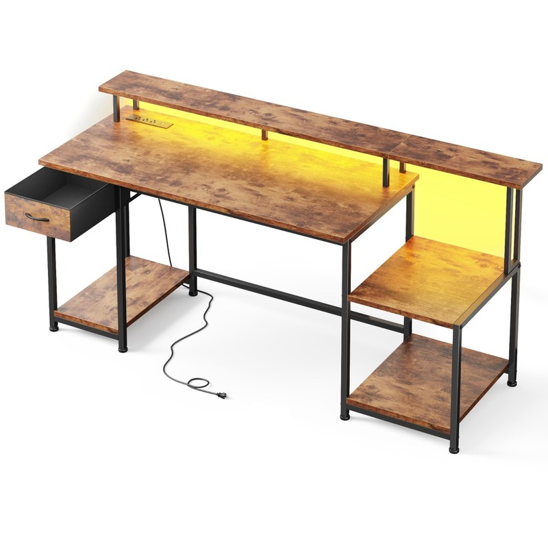 Home Office Study Table Work Computer Gaming Desk with Drawer & LED,Rustic Brown gallery