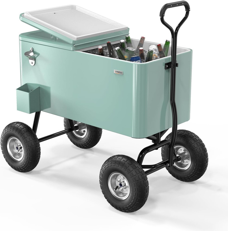 VINGLI 80 Quart Wagon Rolling Cooler Ice Chest, W/Long Handle and 10" Wheels, Po gallery