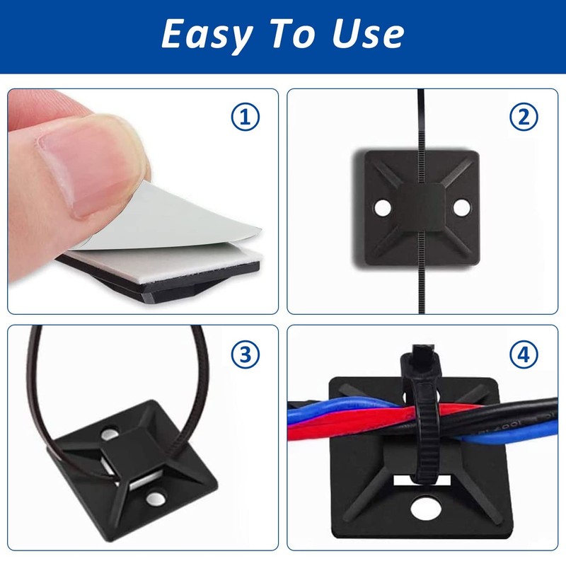 Strong Back-Glue Self Adhesive Cable Zip Tie Mounts Kit - 50 50 Set, Black gallery