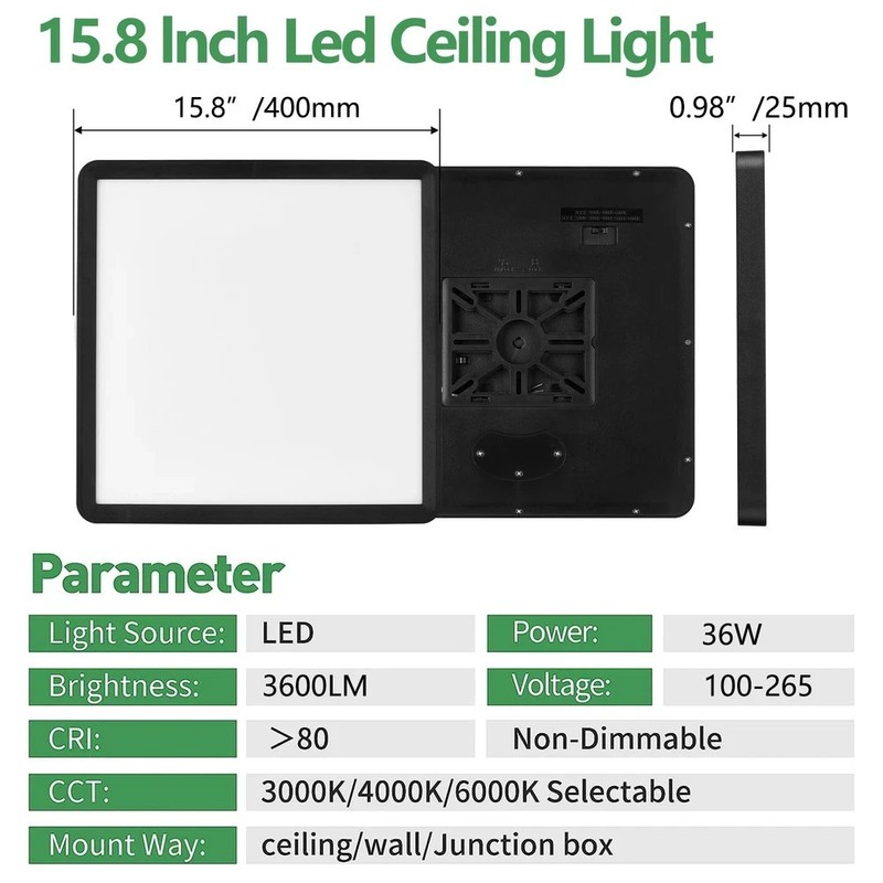 16 Inch Square LED Flush Mount Ceiling Light, 36W 3600LM, 3000K/4000K/6000K C... gallery