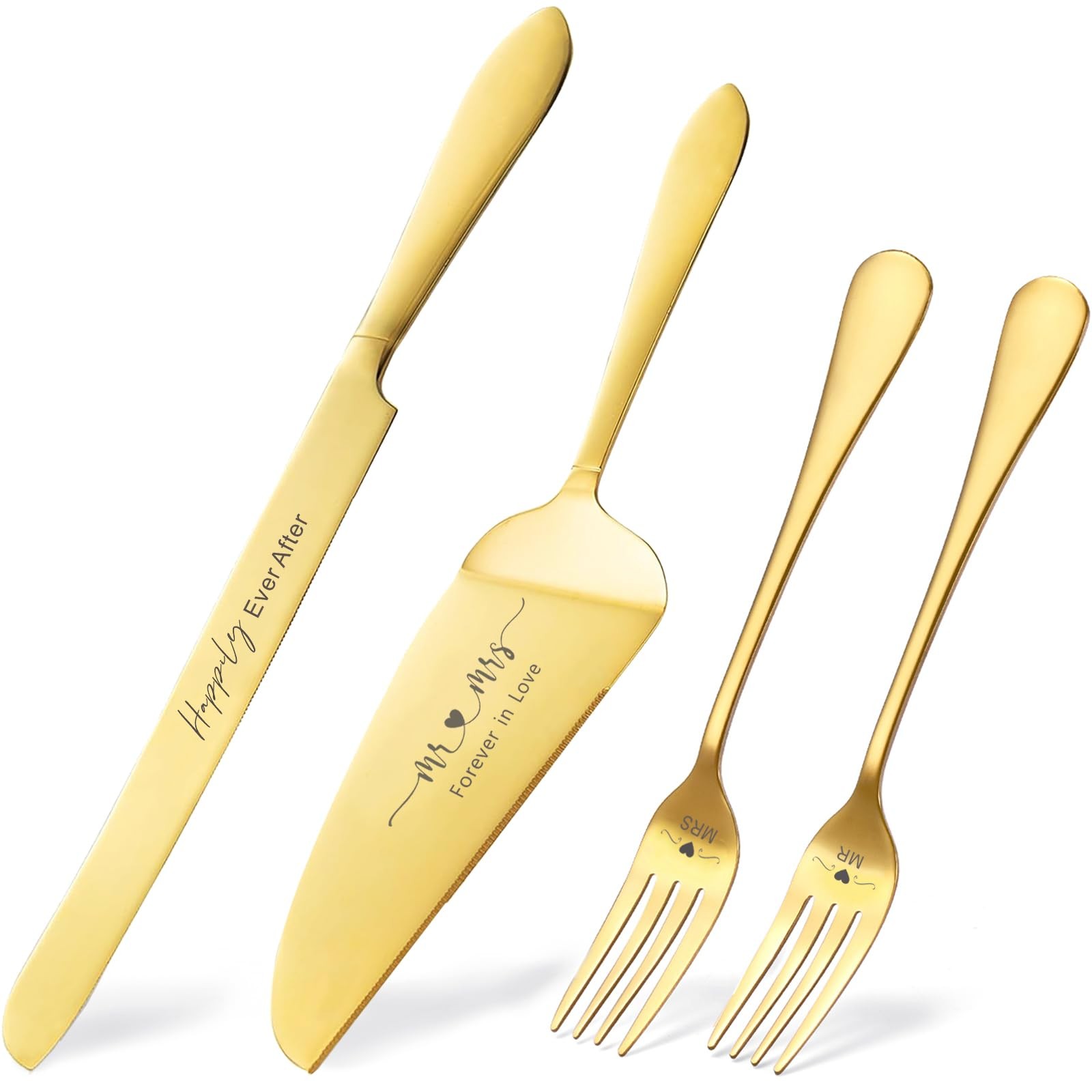 Wedding Cake Knife and Server Set, Engraved Mr and Mrs Gold Forks Cake Cuttin... gallery