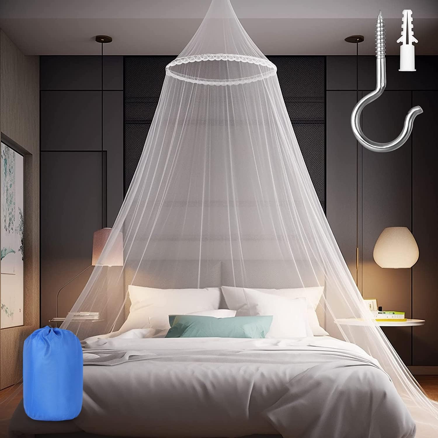 Bed Canopy Net for , Lace Flower Design, Easy to Hang, White gallery