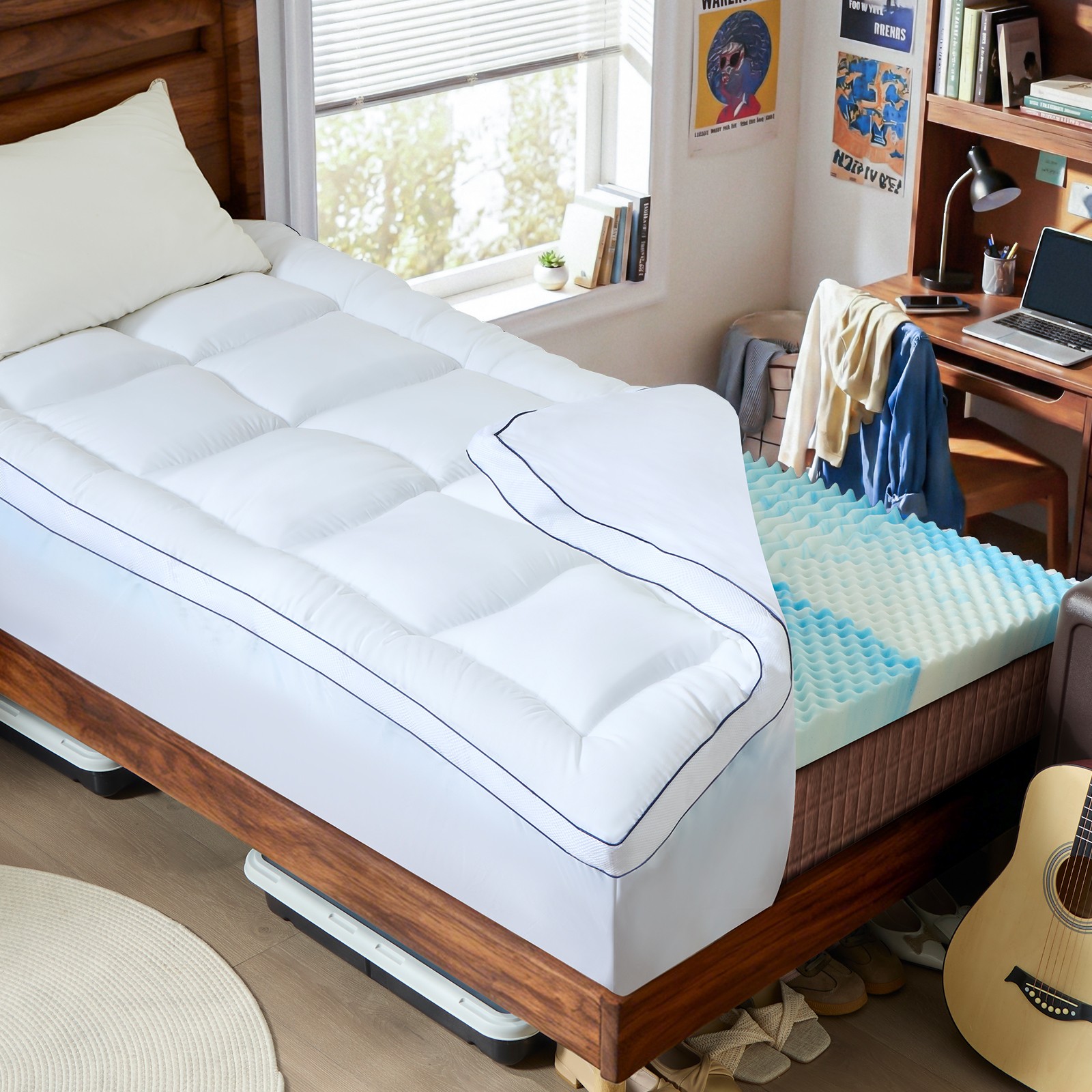 KING QUEEN Dual Layer 4 In 2 IN 1 Memory Foam Mattress Topper Breathable Cooling gallery